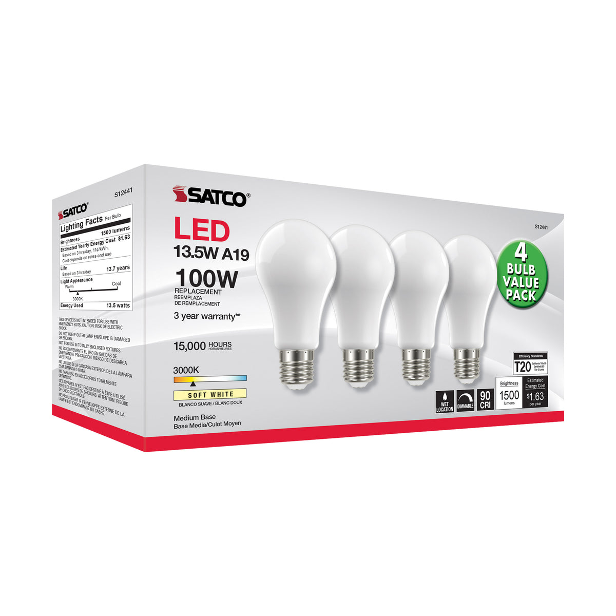 13.5 Watt A19 LED Filament - 100 Watt Replacement - Soft White - Medium base - 3000K - 120 Volt - 4-Pack