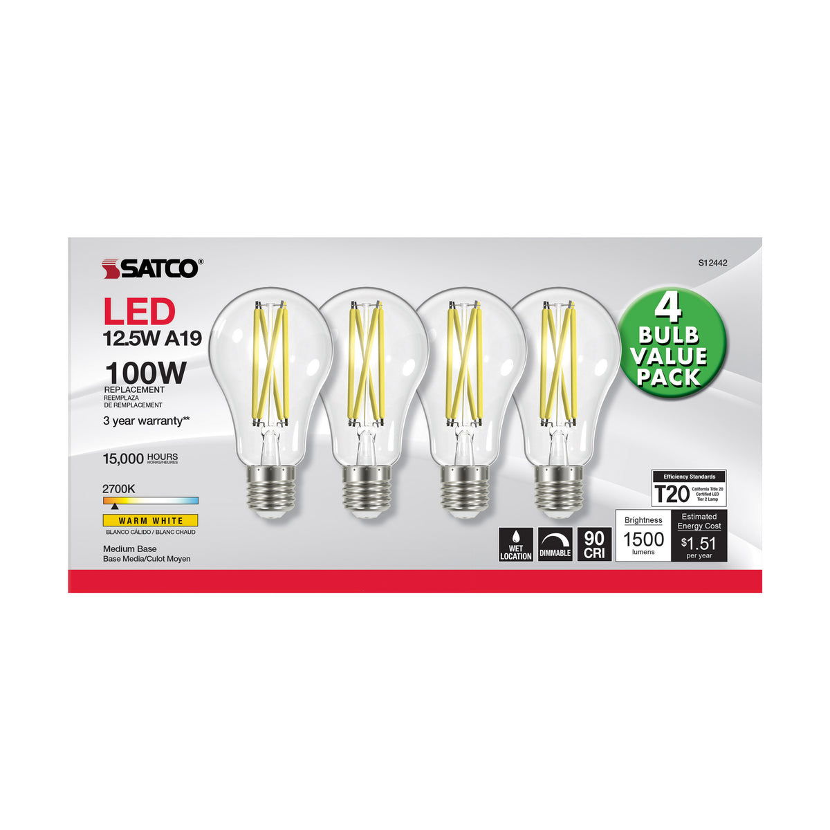 12.5 Watt A19 LED Filament - 100 Watt Replacement - Clear - Medium base - 2700K - 120 Volt - 4-Pack