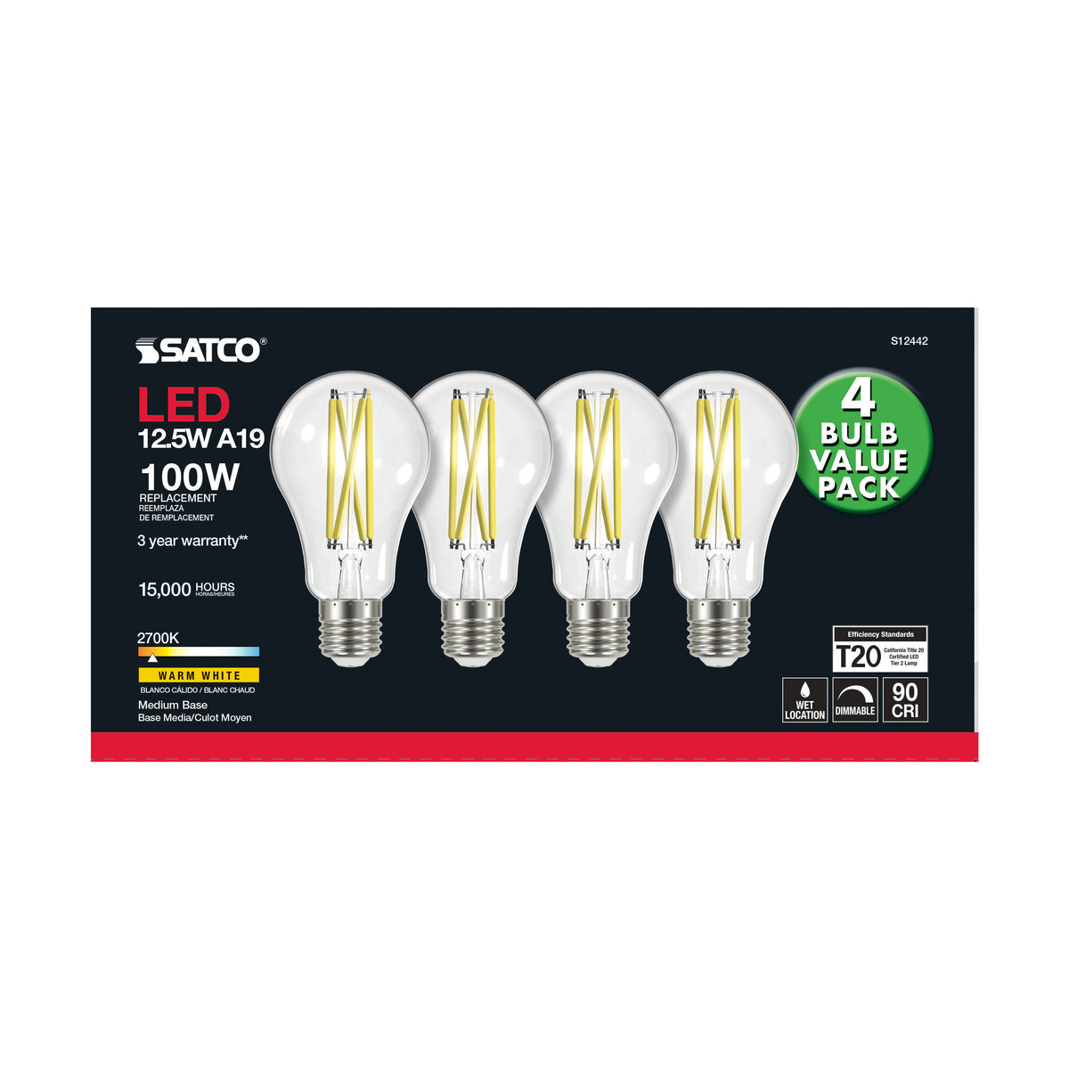 12.5 Watt A19 LED Filament - 100 Watt Replacement - Clear - Medium base - 2700K - 120 Volt - 4-Pack