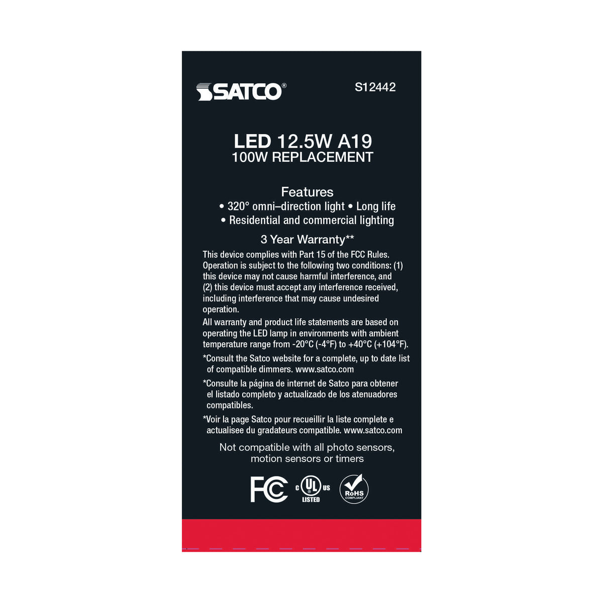 12.5 Watt A19 LED Filament - 100 Watt Replacement - Clear - Medium base - 2700K - 120 Volt - 4-Pack