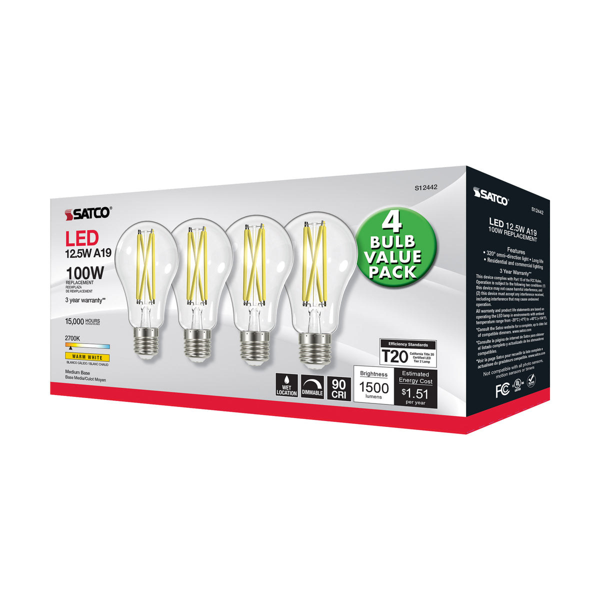 12.5 Watt A19 LED Filament - 100 Watt Replacement - Clear - Medium base - 2700K - 120 Volt - 4-Pack
