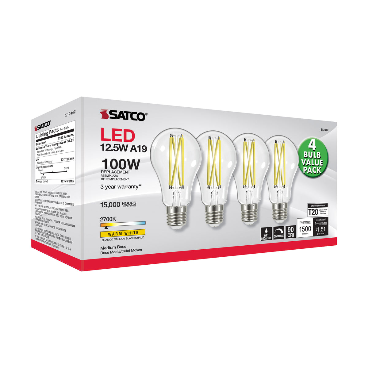 12.5 Watt A19 LED Filament - 100 Watt Replacement - Clear - Medium base - 2700K - 120 Volt - 4-Pack