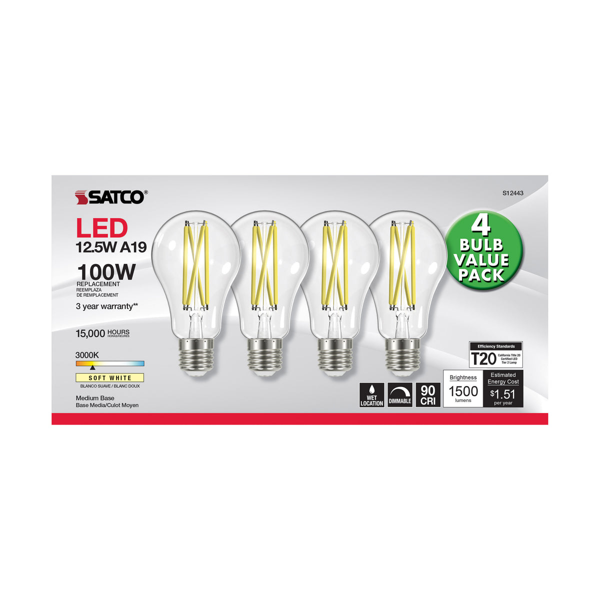12.5 Watt A19 LED Filament - 100 Watt Replacement - Clear - Medium base - 3000K - 120 Volt - 4-Pack
