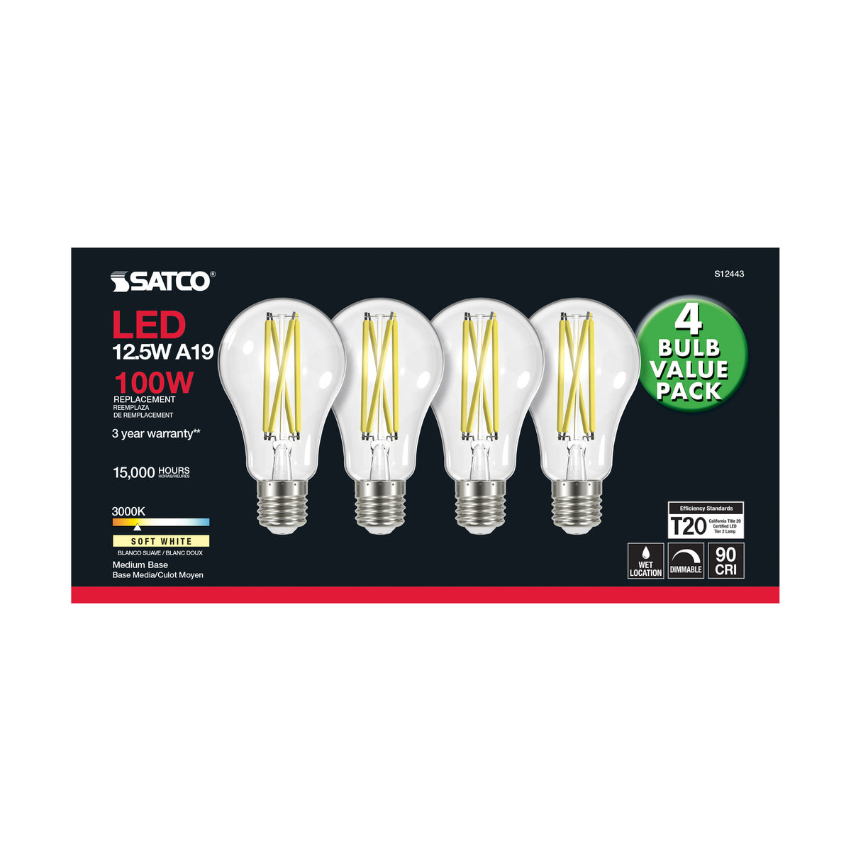 12.5 Watt A19 LED Filament - 100 Watt Replacement - Clear - Medium base - 3000K - 120 Volt - 4-Pack