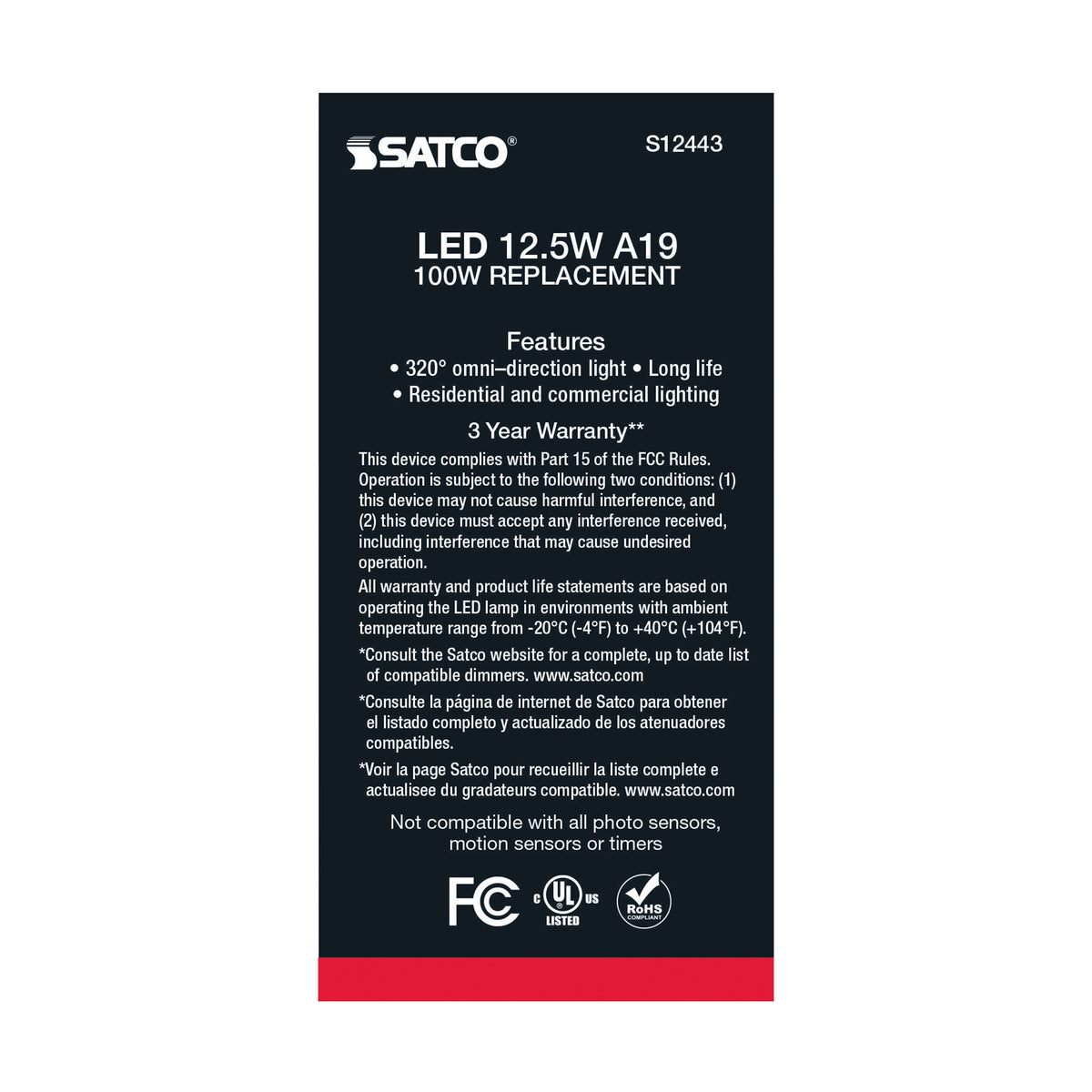 12.5 Watt A19 LED Filament - 100 Watt Replacement - Clear - Medium base - 3000K - 120 Volt - 4-Pack