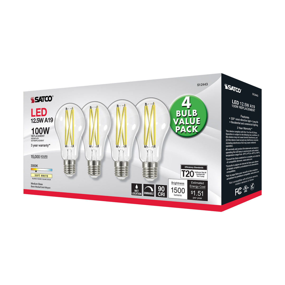 12.5 Watt A19 LED Filament - 100 Watt Replacement - Clear - Medium base - 3000K - 120 Volt - 4-Pack