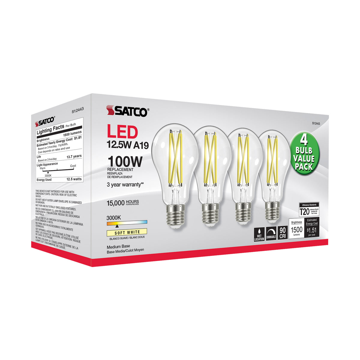 12.5 Watt A19 LED Filament - 100 Watt Replacement - Clear - Medium base - 3000K - 120 Volt - 4-Pack