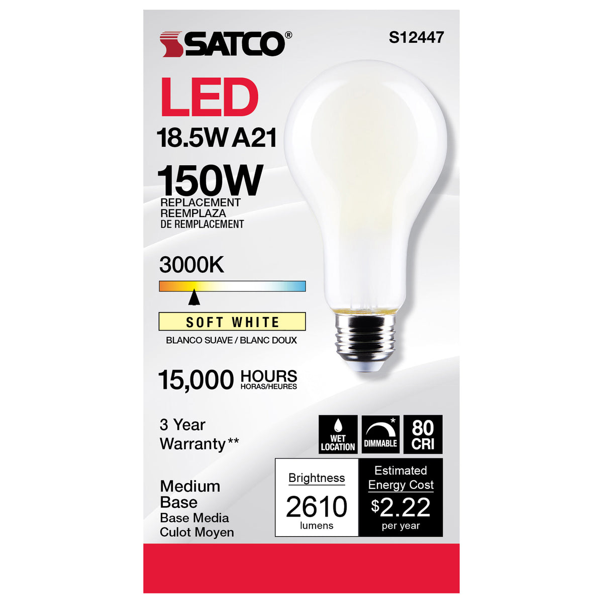 18.5 Watt - A21 LED - Frost Finish - Medium base - 3000K - 120 Volt