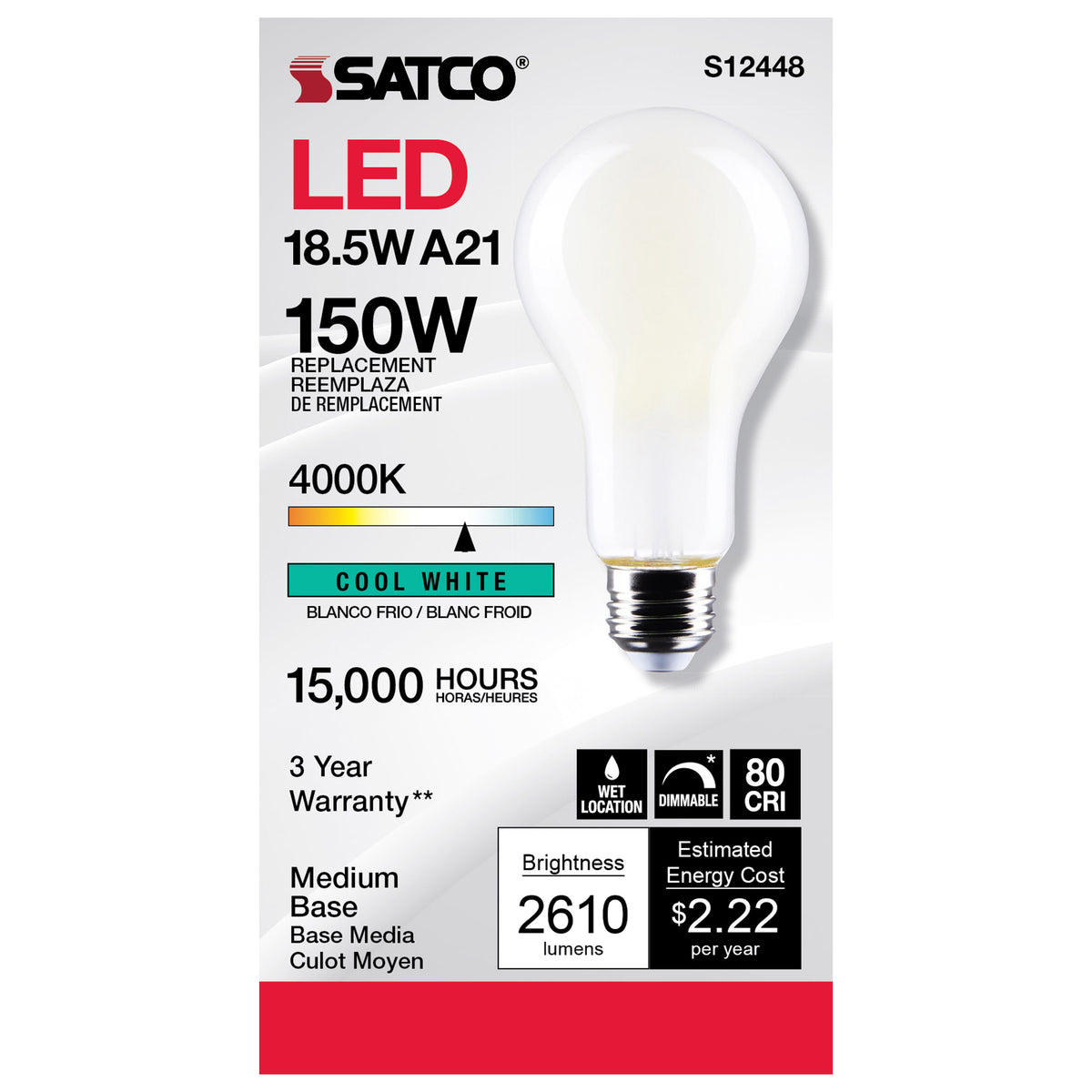18.5 Watt - A21 LED - Frost Finish - Medium base - 4000K - 120 Volt