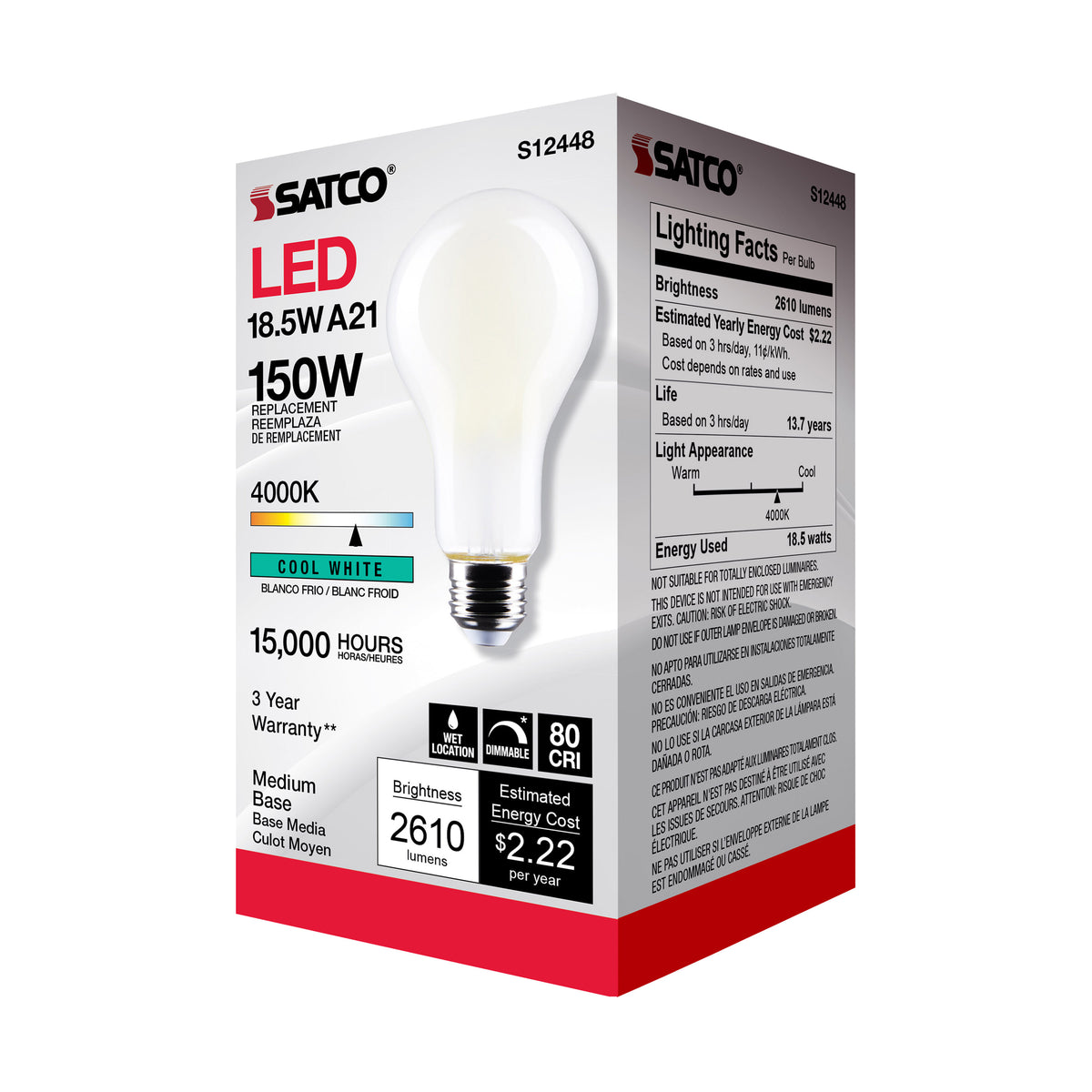 18.5 Watt - A21 LED - Frost Finish - Medium base - 4000K - 120 Volt