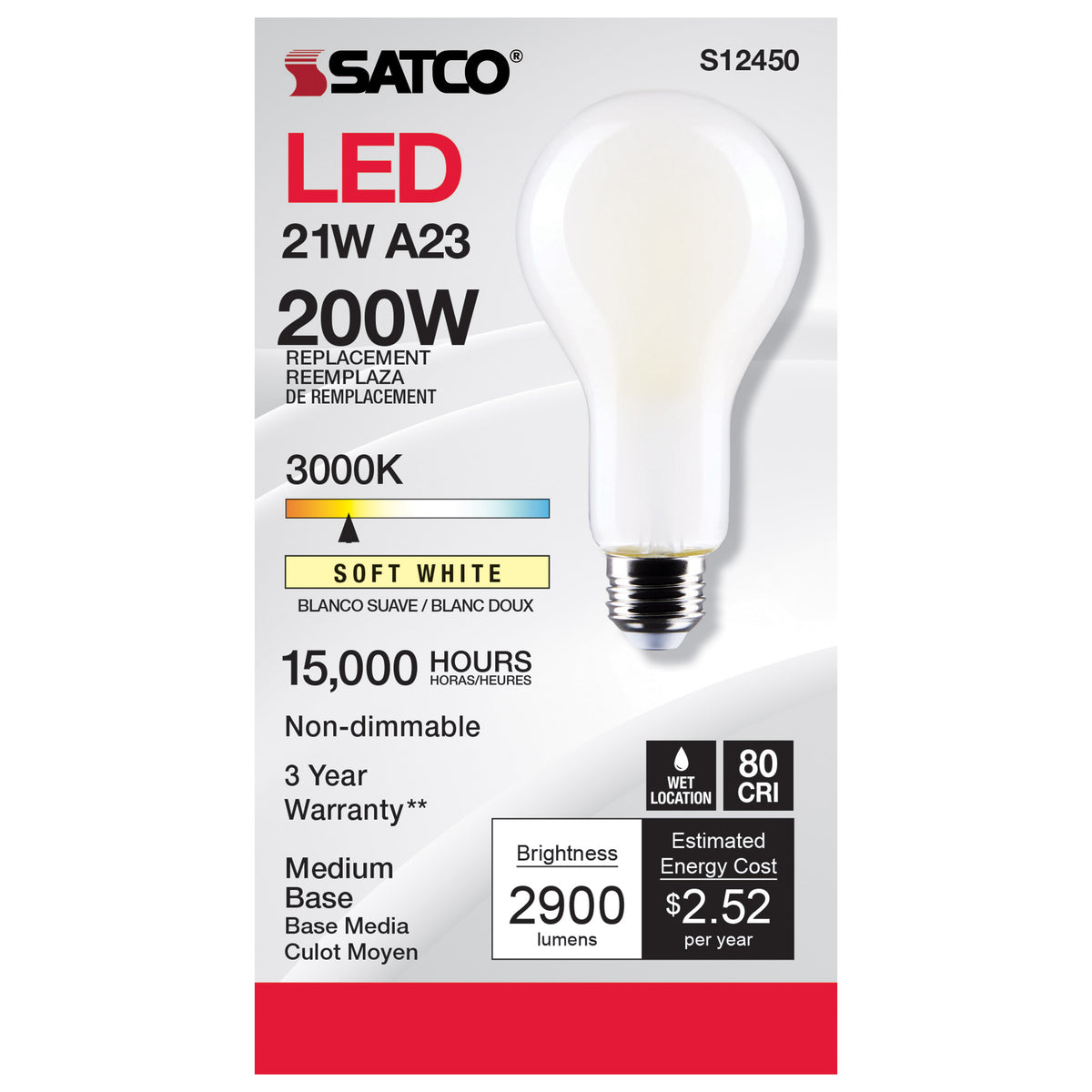 21 Watt - A23 LED - Frost Finish - Medium base - 3000K - 120 Volt