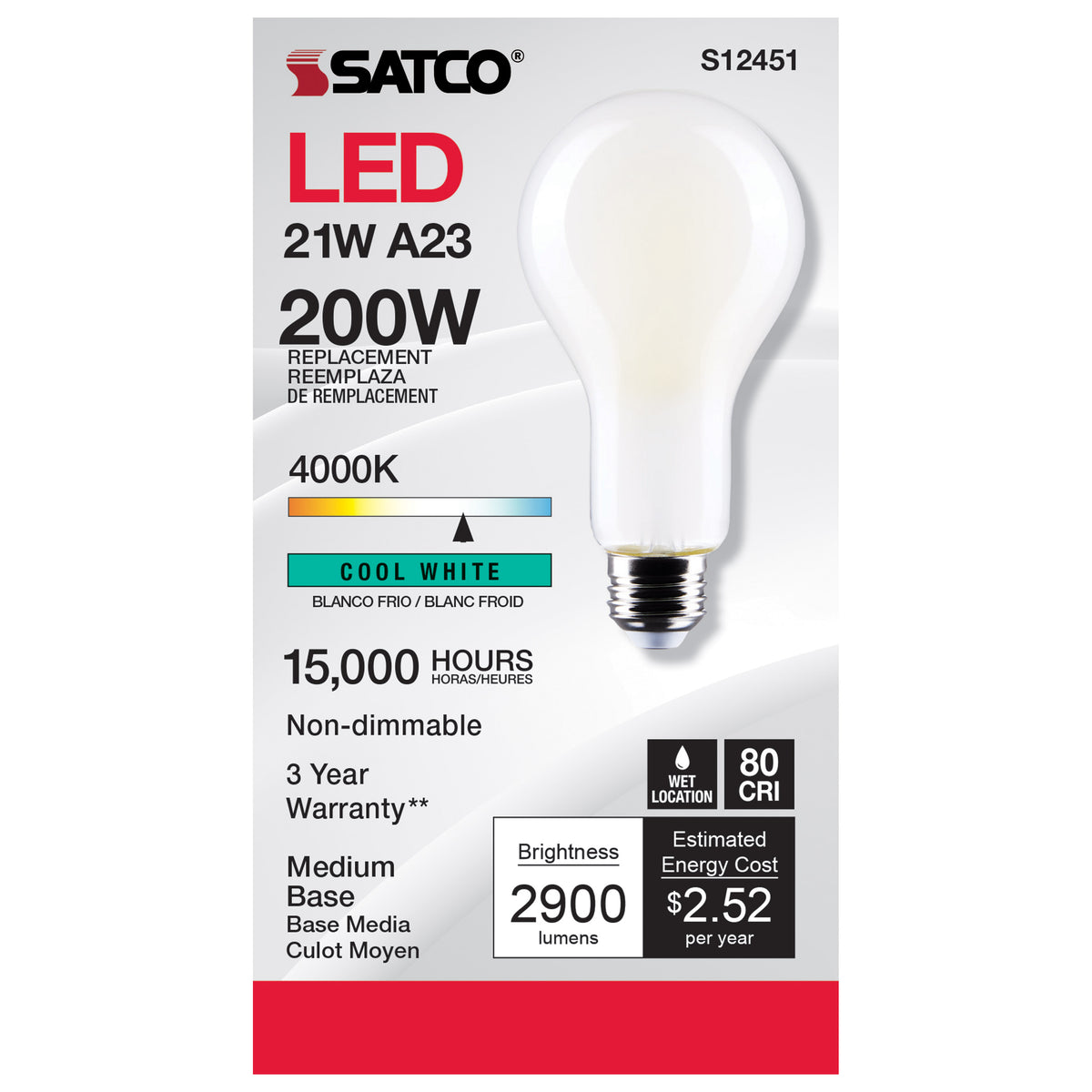 21 Watt - A23 LED - Frost Finish - Medium base - 4000K - 120 Volt