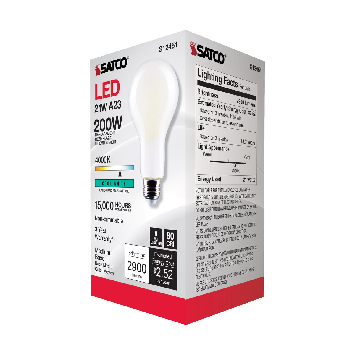 21 Watt - A23 LED - Frost Finish - Medium base - 4000K - 120 Volt