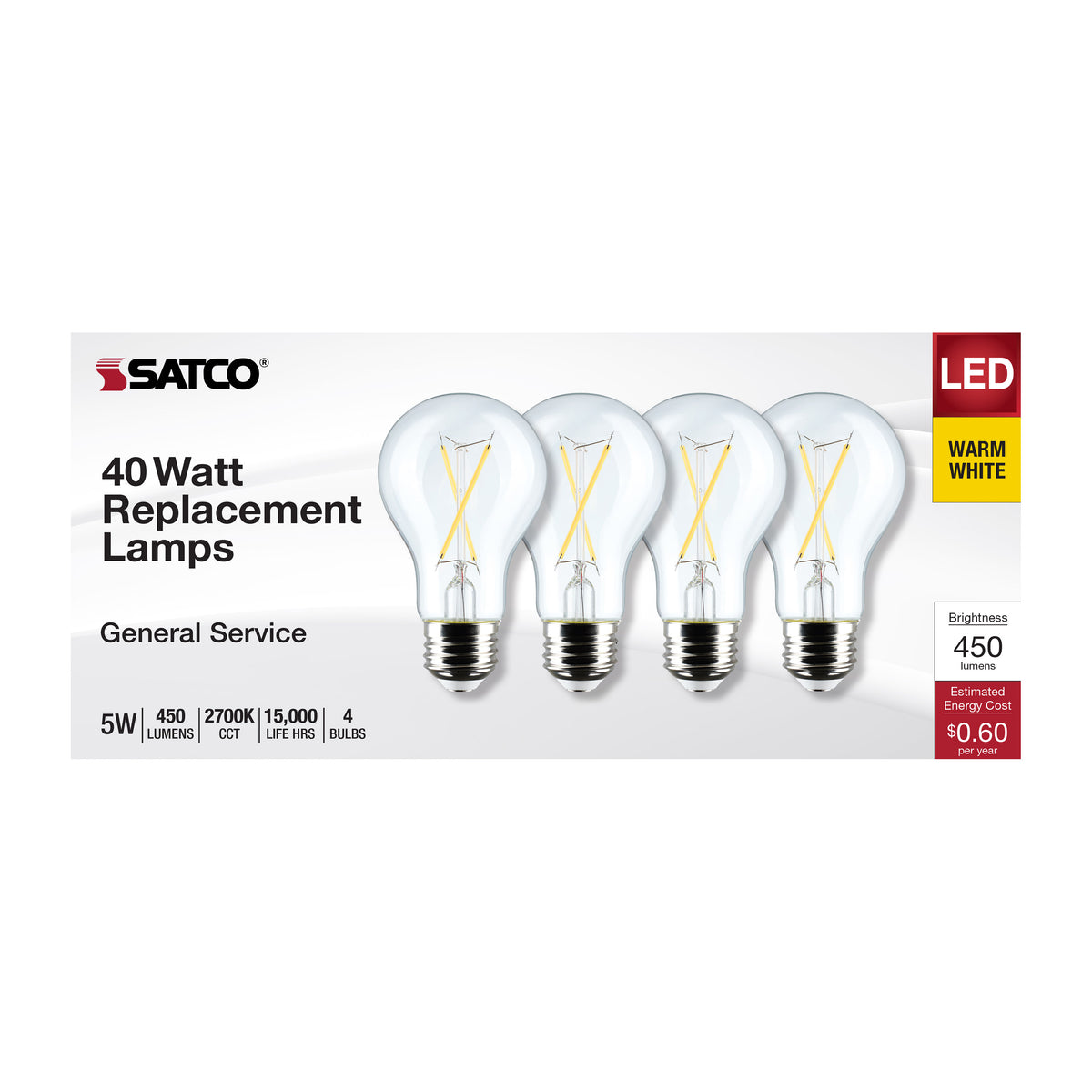 5 Watt A19 LED Filament - Clear - 2700K - Medium Base - 120 Volt - 4-Pack