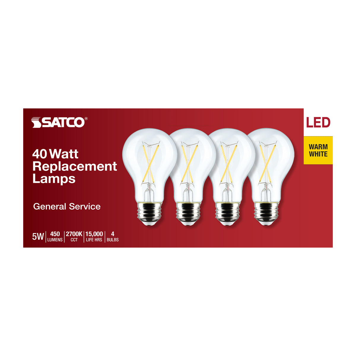 5 Watt A19 LED Filament - Clear - 2700K - Medium Base - 120 Volt - 4-Pack