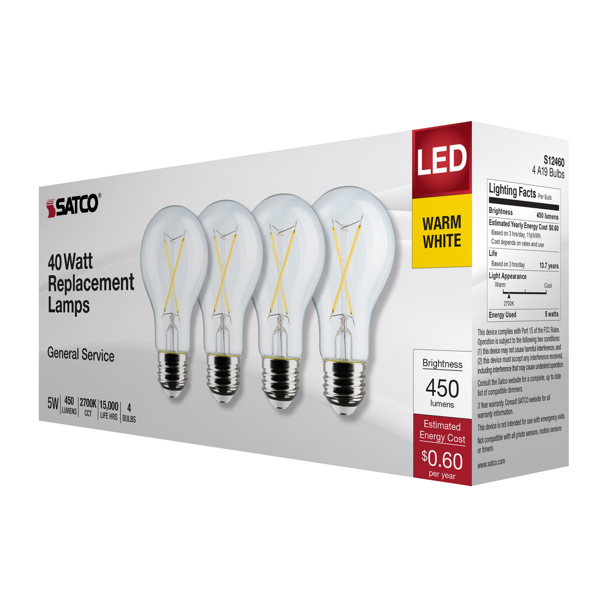 5 Watt A19 LED Filament - Clear - 2700K - Medium Base - 120 Volt - 4-Pack