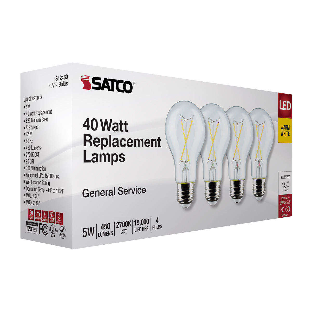 5 Watt A19 LED Filament - Clear - 2700K - Medium Base - 120 Volt - 4-Pack
