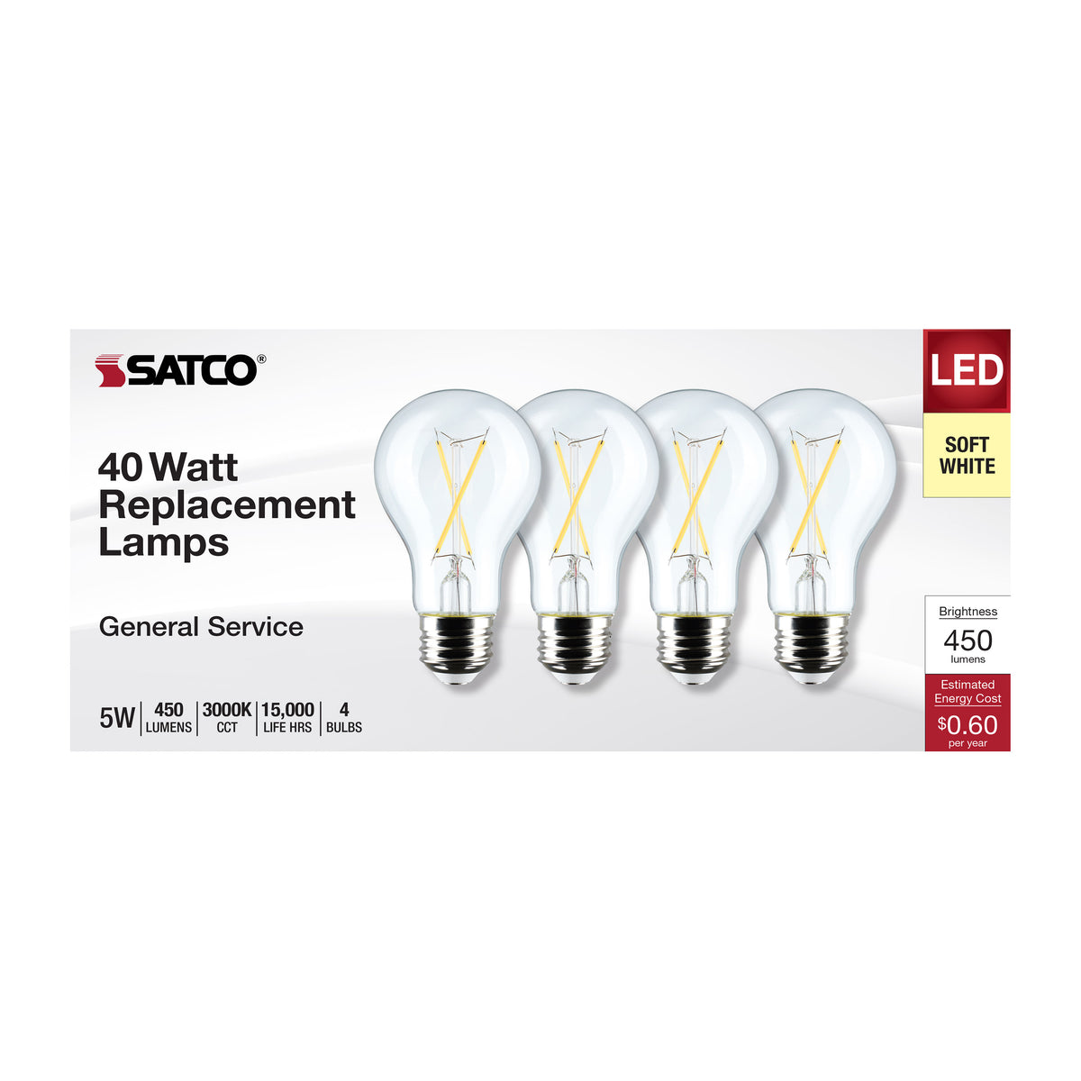 5 Watt A19 LED Filament - Clear - 3000K - Medium Base - 120 Volt - 4-Pack