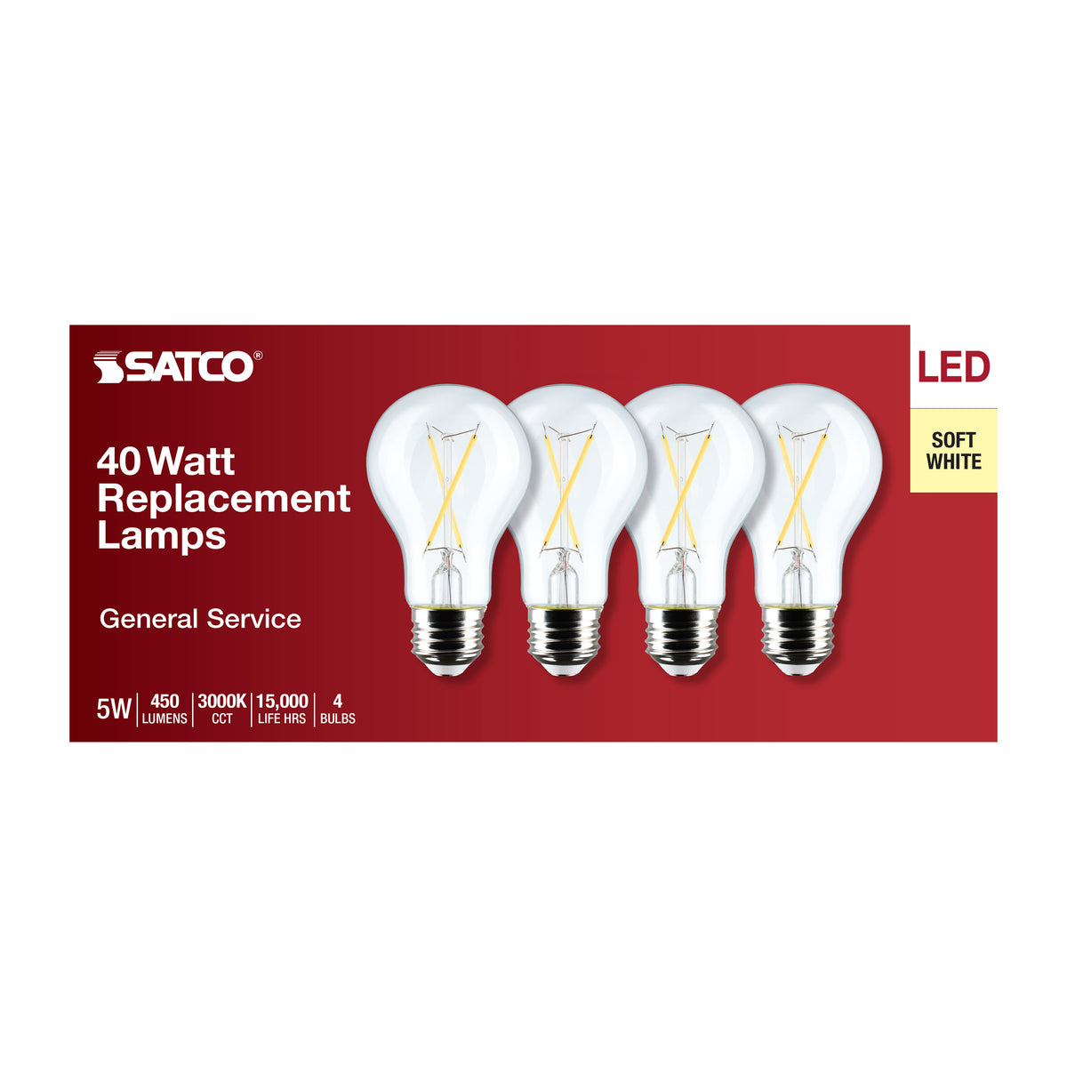 5 Watt A19 LED Filament - Clear - 3000K - Medium Base - 120 Volt - 4-Pack