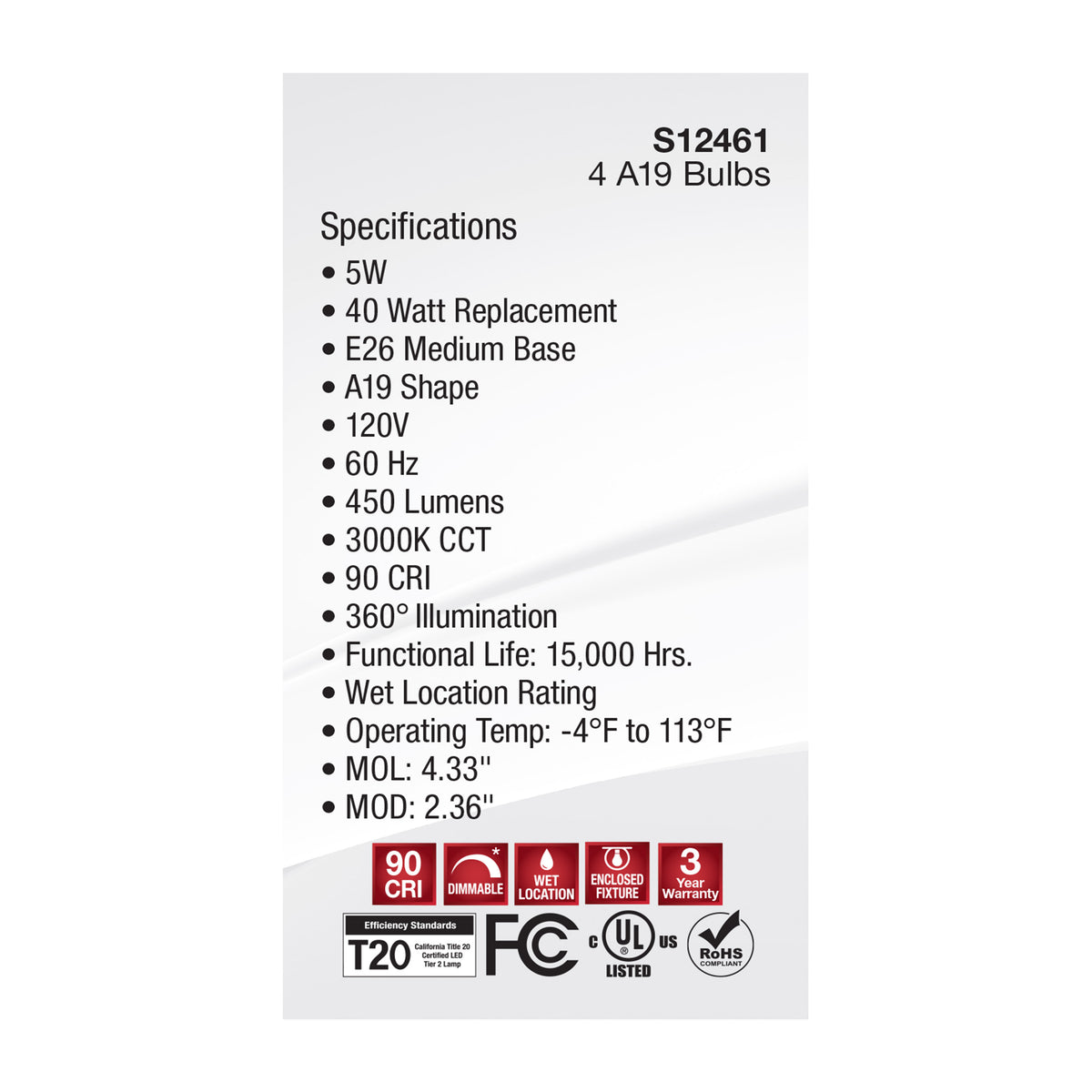 5 Watt A19 LED Filament - Clear - 3000K - Medium Base - 120 Volt - 4-Pack