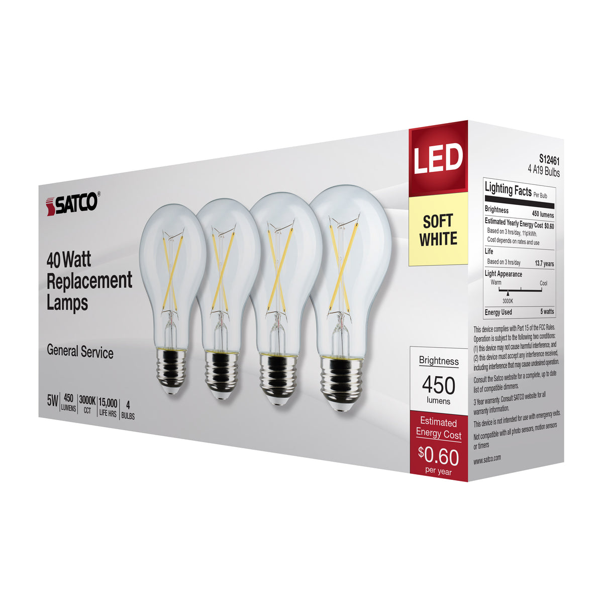 5 Watt A19 LED Filament - Clear - 3000K - Medium Base - 120 Volt - 4-Pack
