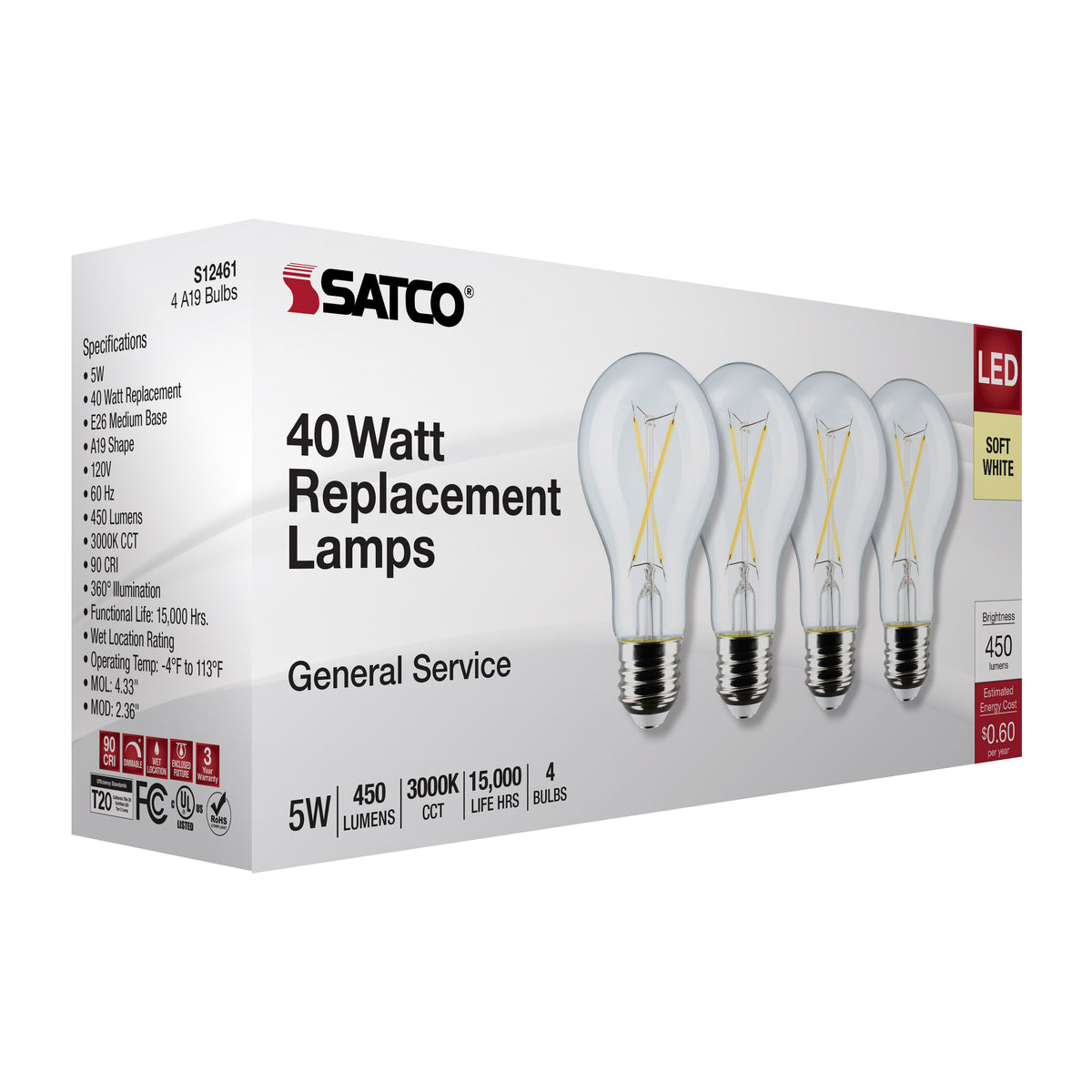 5 Watt A19 LED Filament - Clear - 3000K - Medium Base - 120 Volt - 4-Pack