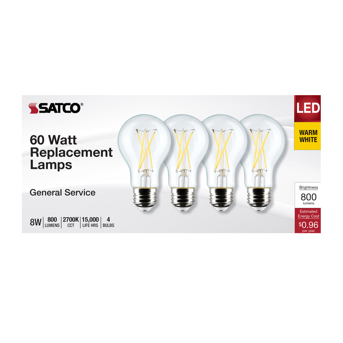 8 Watt A19 LED Filament - Clear - 2700K - Medium Base - 120 Volt - 4-Pack