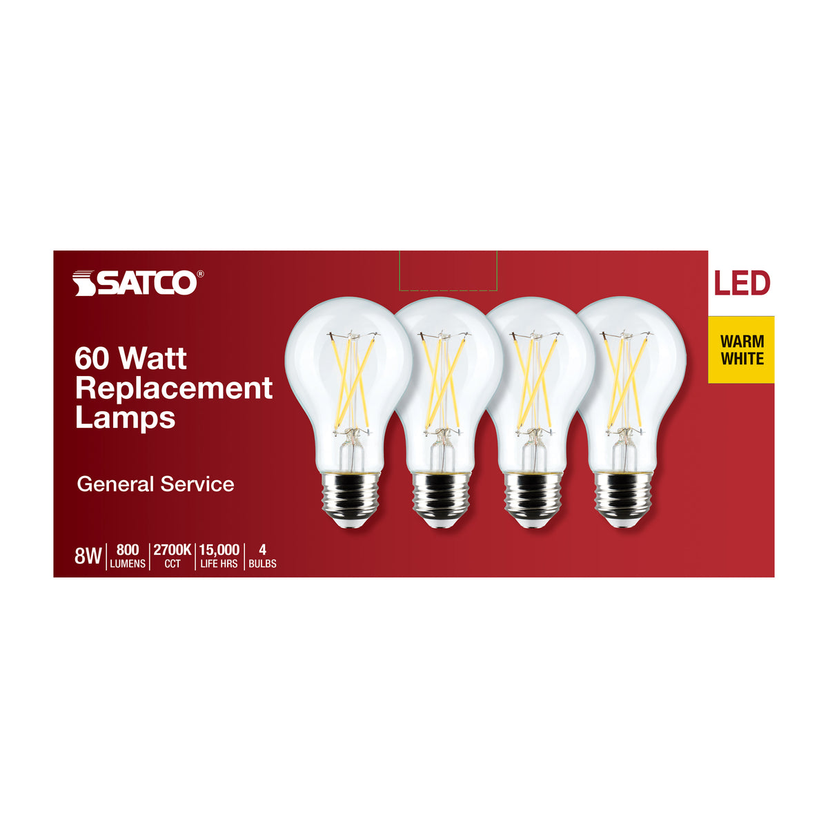 8 Watt A19 LED Filament - Clear - 2700K - Medium Base - 120 Volt - 4-Pack