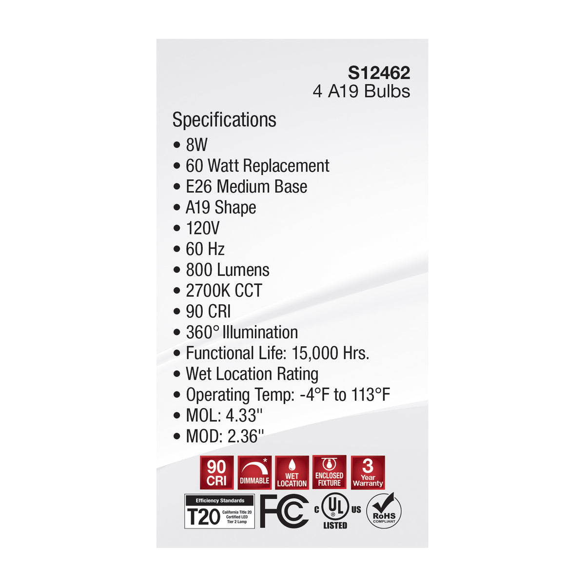 8 Watt A19 LED Filament - Clear - 2700K - Medium Base - 120 Volt - 4-Pack