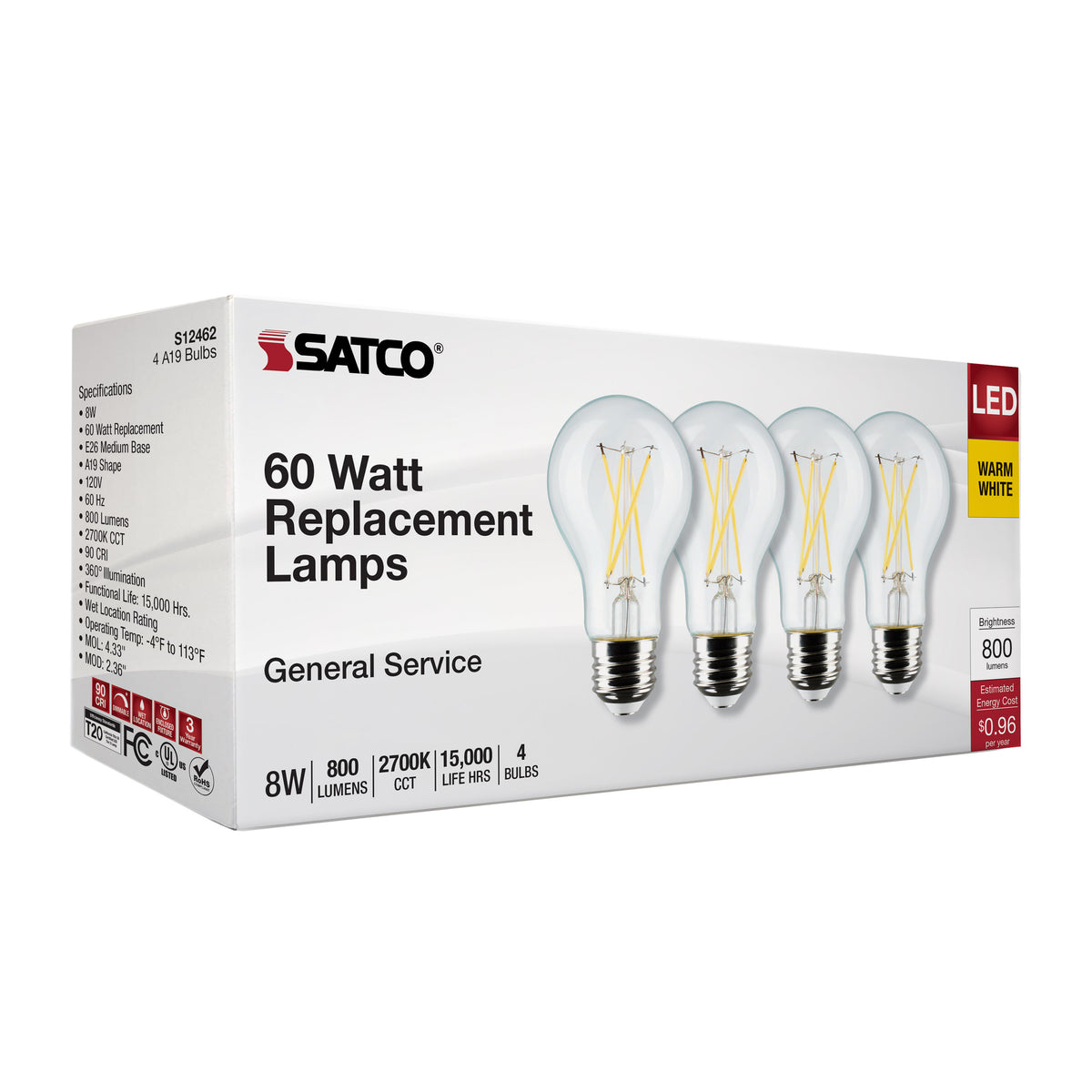 8 Watt A19 LED Filament - Clear - 2700K - Medium Base - 120 Volt - 4-Pack