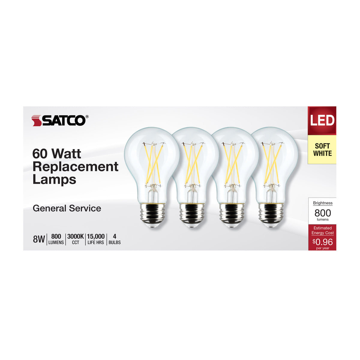 8 Watt A19 LED Filament - Clear - 3000K - Medium Base - 120 Volt - 4-Pack