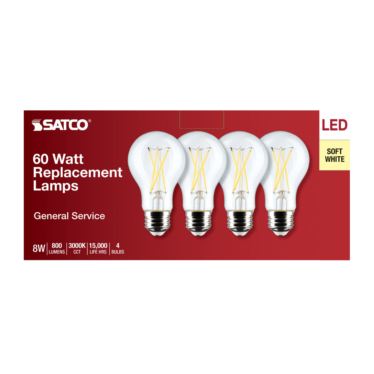8 Watt A19 LED Filament - Clear - 3000K - Medium Base - 120 Volt - 4-Pack