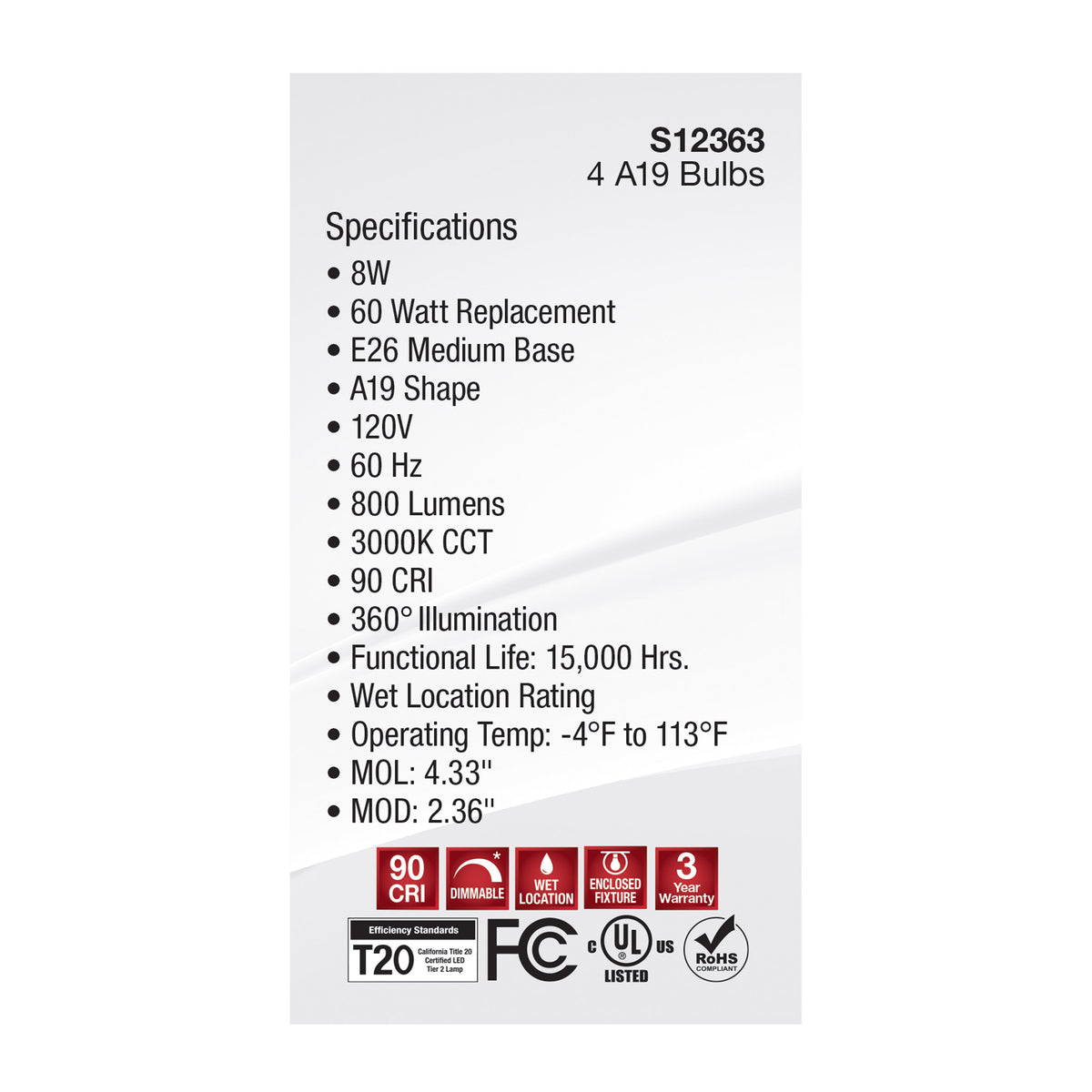 8 Watt A19 LED Filament - Clear - 3000K - Medium Base - 120 Volt - 4-Pack