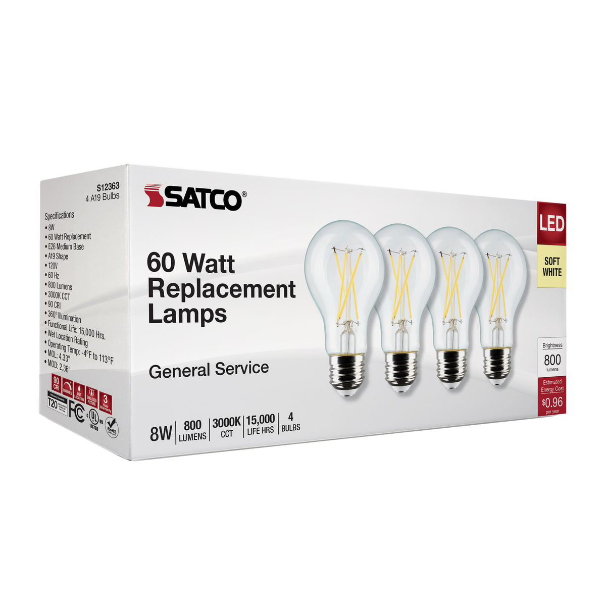 8 Watt A19 LED Filament - Clear - 3000K - Medium Base - 120 Volt - 4-Pack