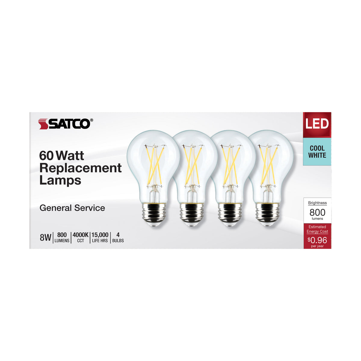 8 Watt A19 LED Filament - Clear - 4000K - Medium Base - 120 Volt - 4-Pack