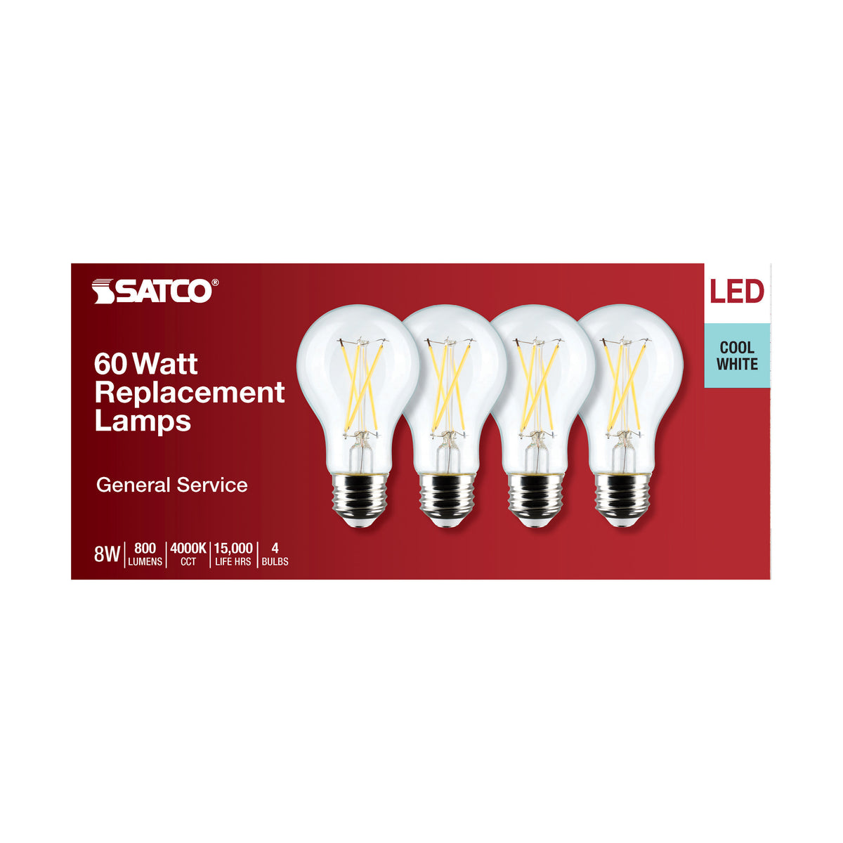 8 Watt A19 LED Filament - Clear - 4000K - Medium Base - 120 Volt - 4-Pack
