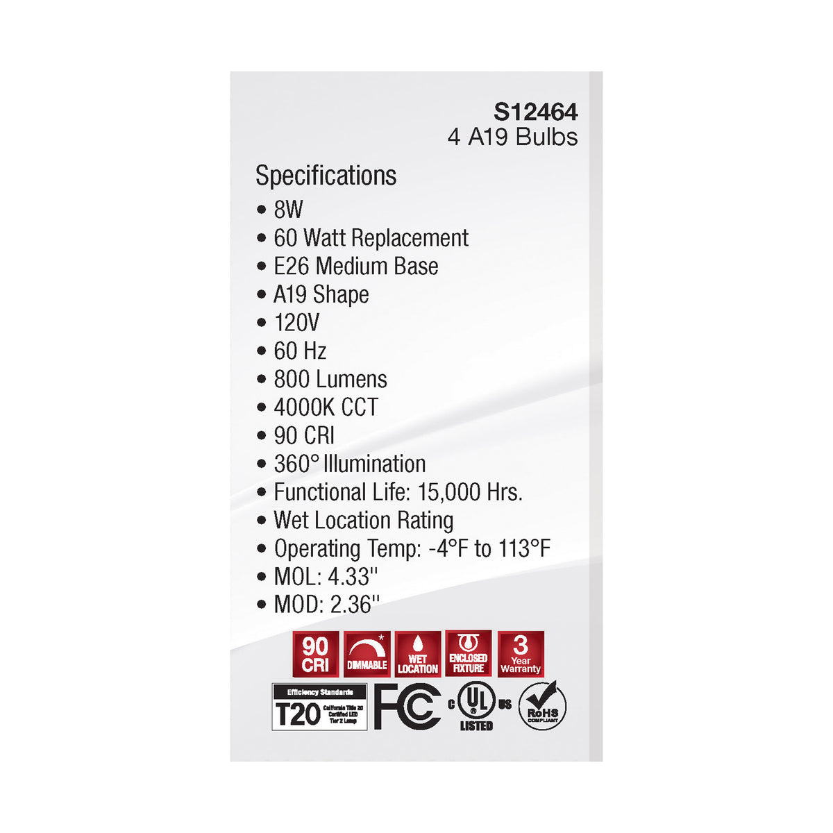 8 Watt A19 LED Filament - Clear - 4000K - Medium Base - 120 Volt - 4-Pack
