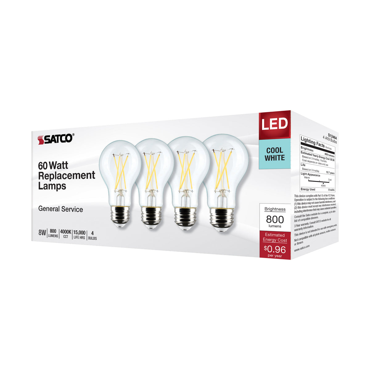 8 Watt A19 LED Filament - Clear - 4000K - Medium Base - 120 Volt - 4-Pack