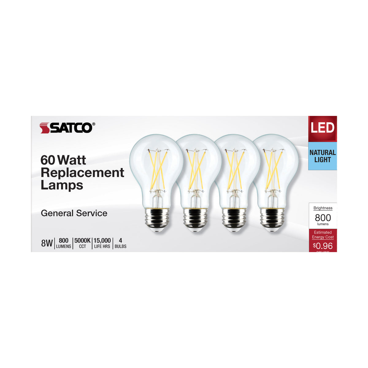 8 Watt A19 LED Filament - Clear - 5000K - Medium Base - 120 Volt - 4-Pack