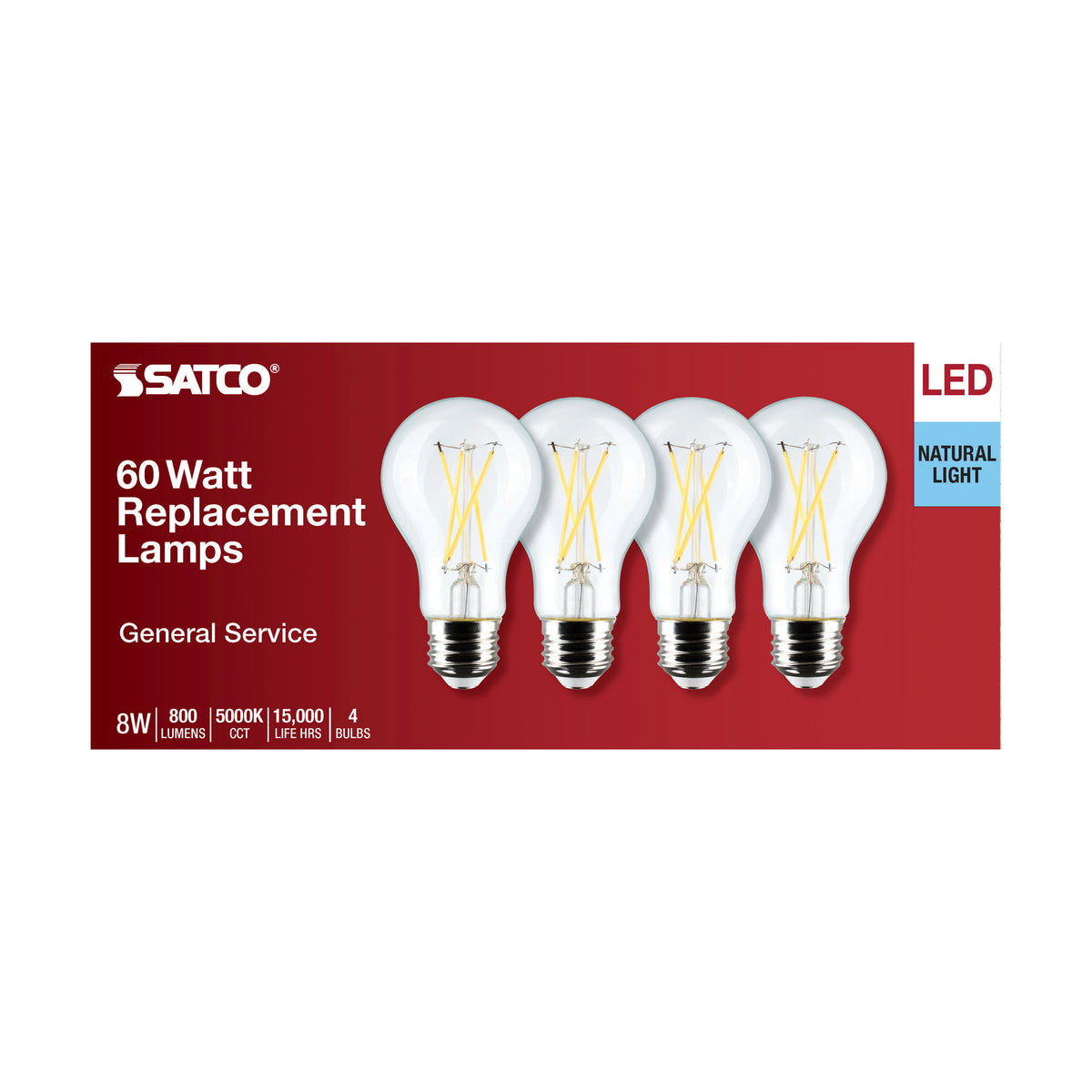 8 Watt A19 LED Filament - Clear - 5000K - Medium Base - 120 Volt - 4-Pack
