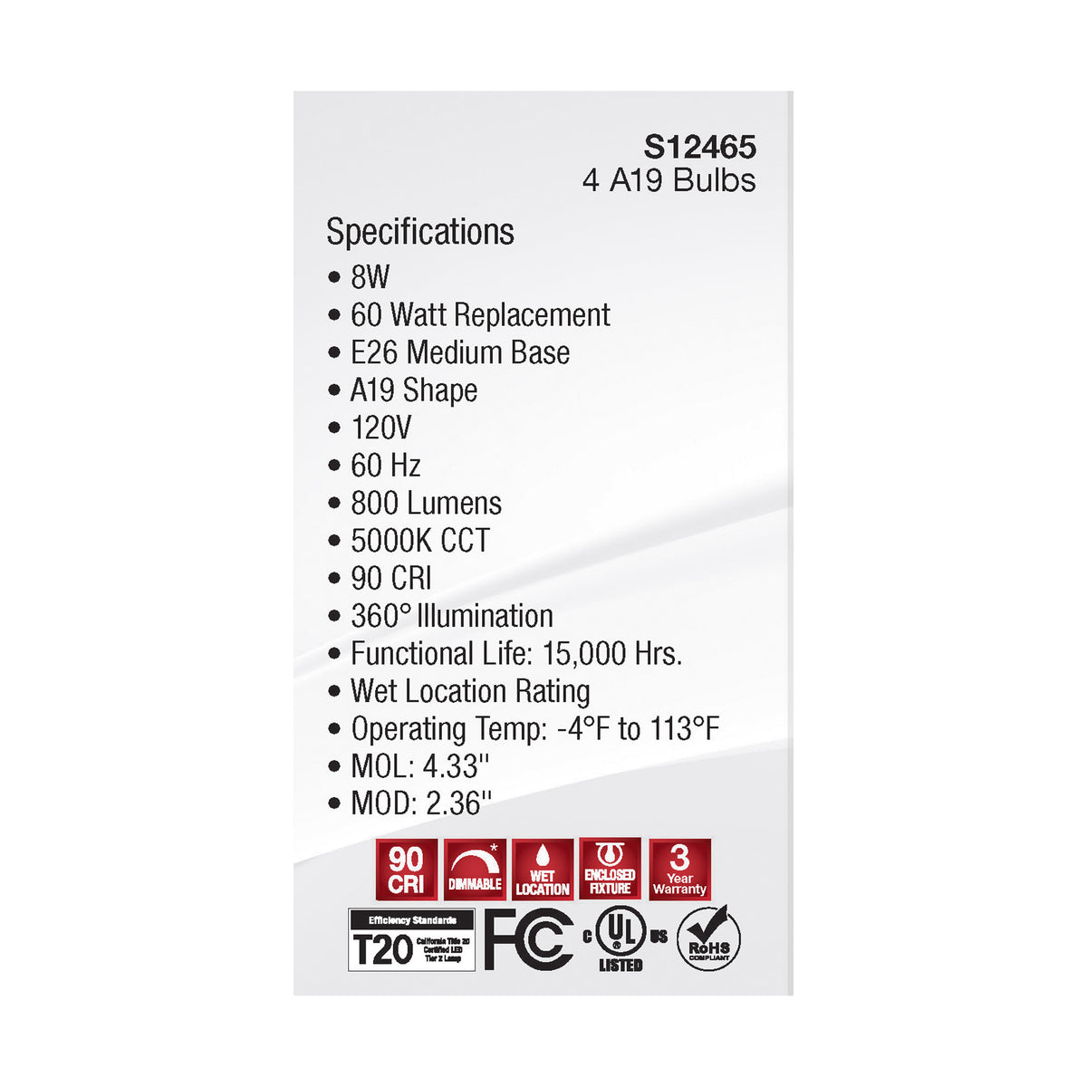 8 Watt A19 LED Filament - Clear - 5000K - Medium Base - 120 Volt - 4-Pack