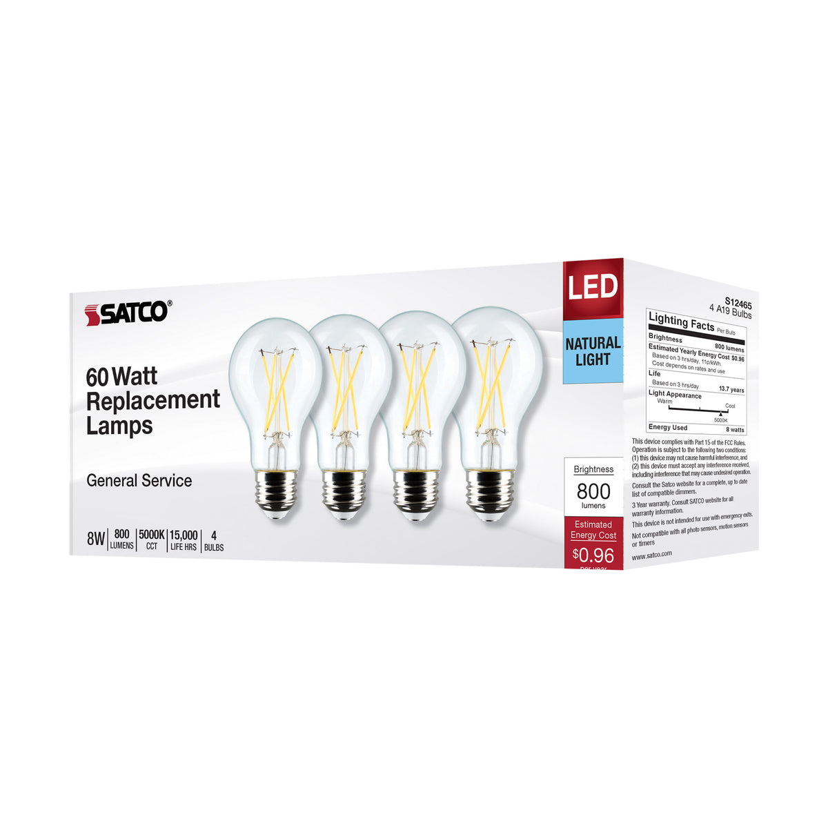 8 Watt A19 LED Filament - Clear - 5000K - Medium Base - 120 Volt - 4-Pack