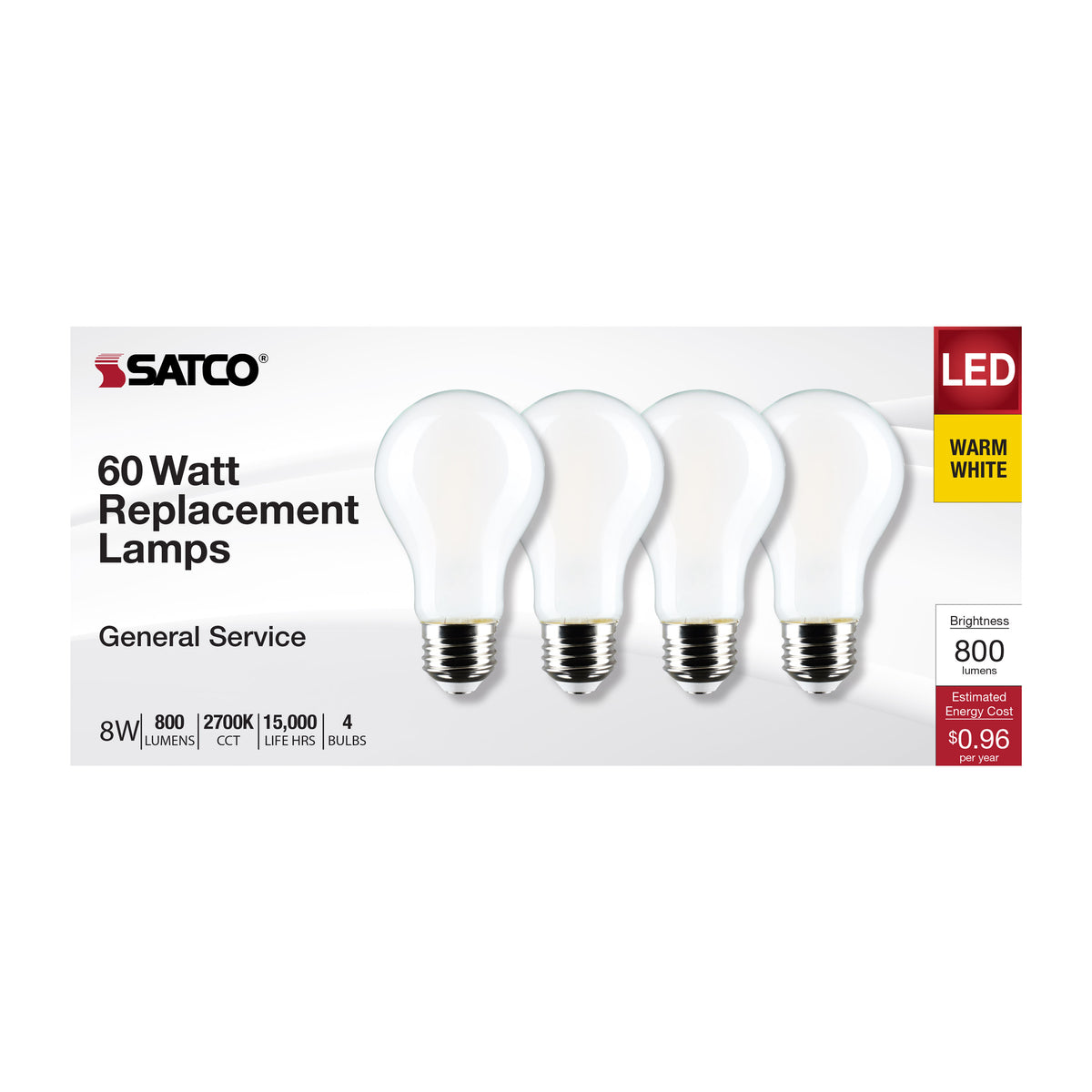 8 Watt A19 LED Filament - Soft White - 2700K - Medium Base - 120 Volt - 4-Pack