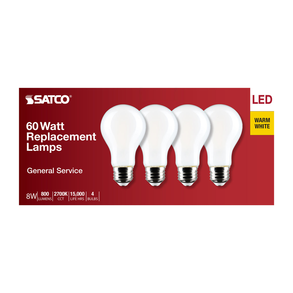 8 Watt A19 LED Filament - Soft White - 2700K - Medium Base - 120 Volt - 4-Pack