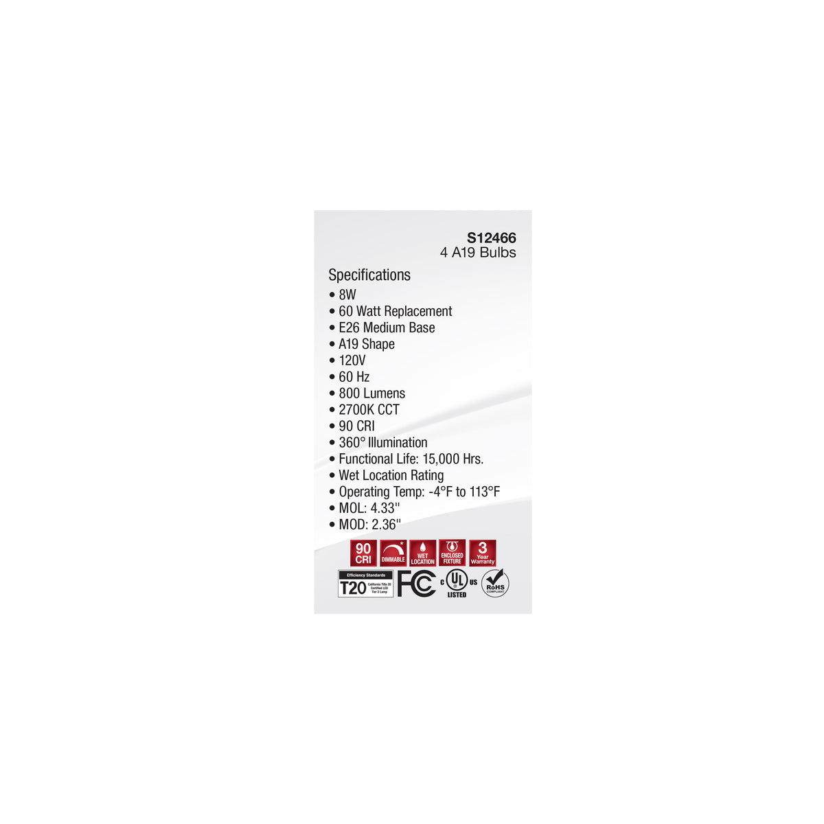 8 Watt A19 LED Filament - Soft White - 2700K - Medium Base - 120 Volt - 4-Pack