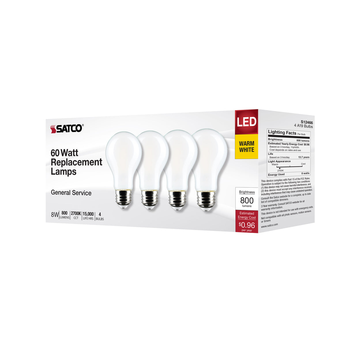 8 Watt A19 LED Filament - Soft White - 2700K - Medium Base - 120 Volt - 4-Pack
