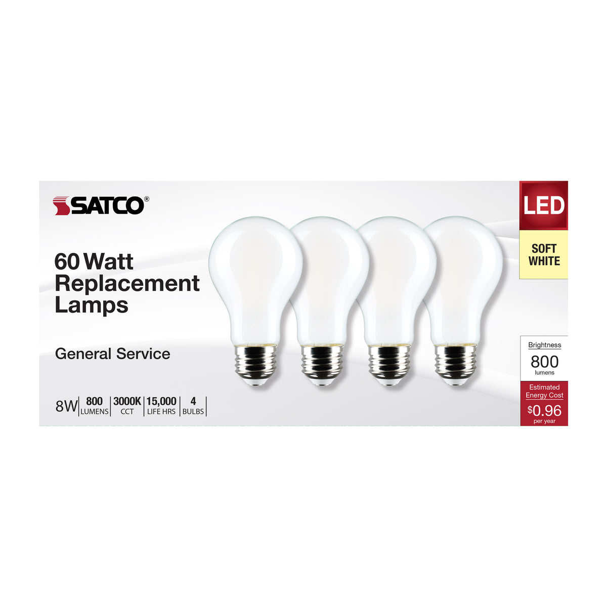 8 Watt A19 LED Filament - Soft White - 3000K - Medium Base - 120 Volt - 4-Pack