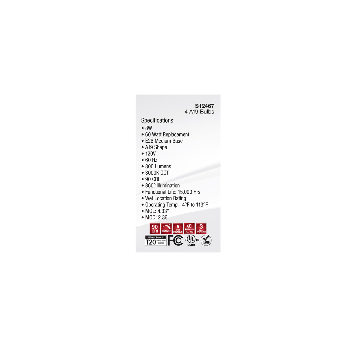 8 Watt A19 LED Filament - Soft White - 3000K - Medium Base - 120 Volt - 4-Pack