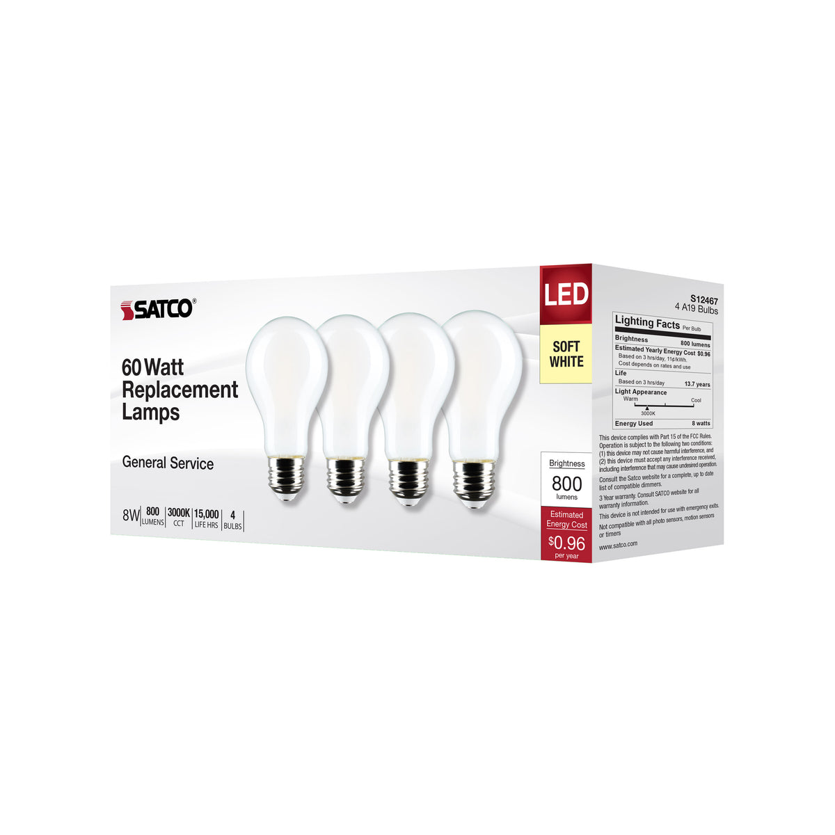 8 Watt A19 LED Filament - Soft White - 3000K - Medium Base - 120 Volt - 4-Pack