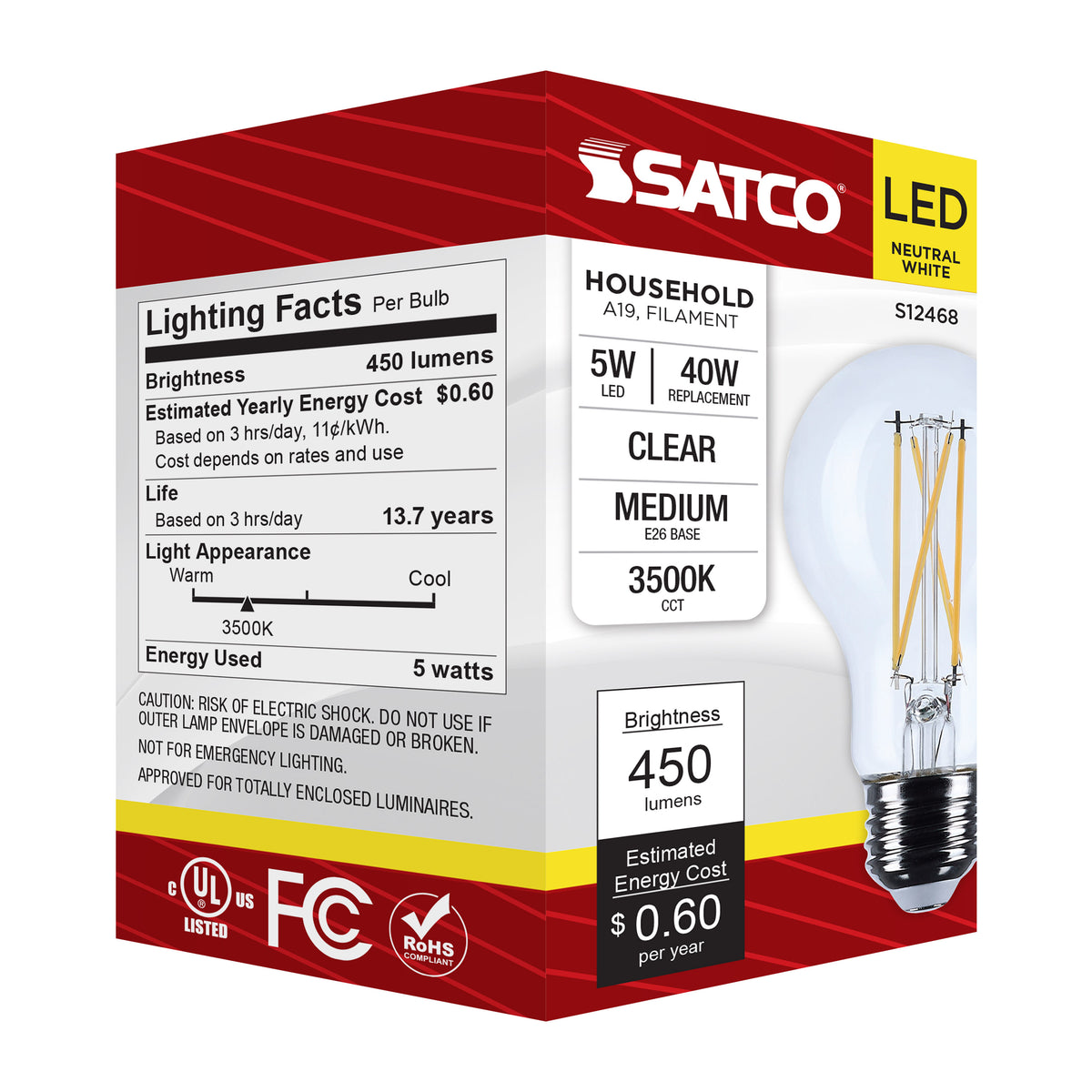 5 Watt A19 LED - Medium Base - Clear - 3500K CCT - 120 Volt